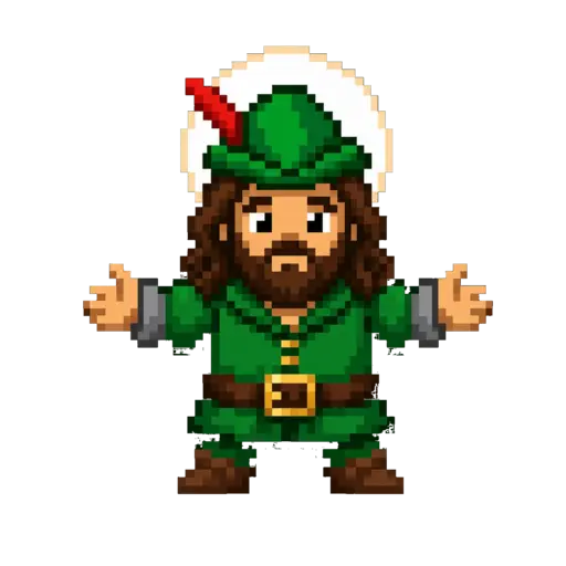Robinhood God in his green outlaw suit, fully visible